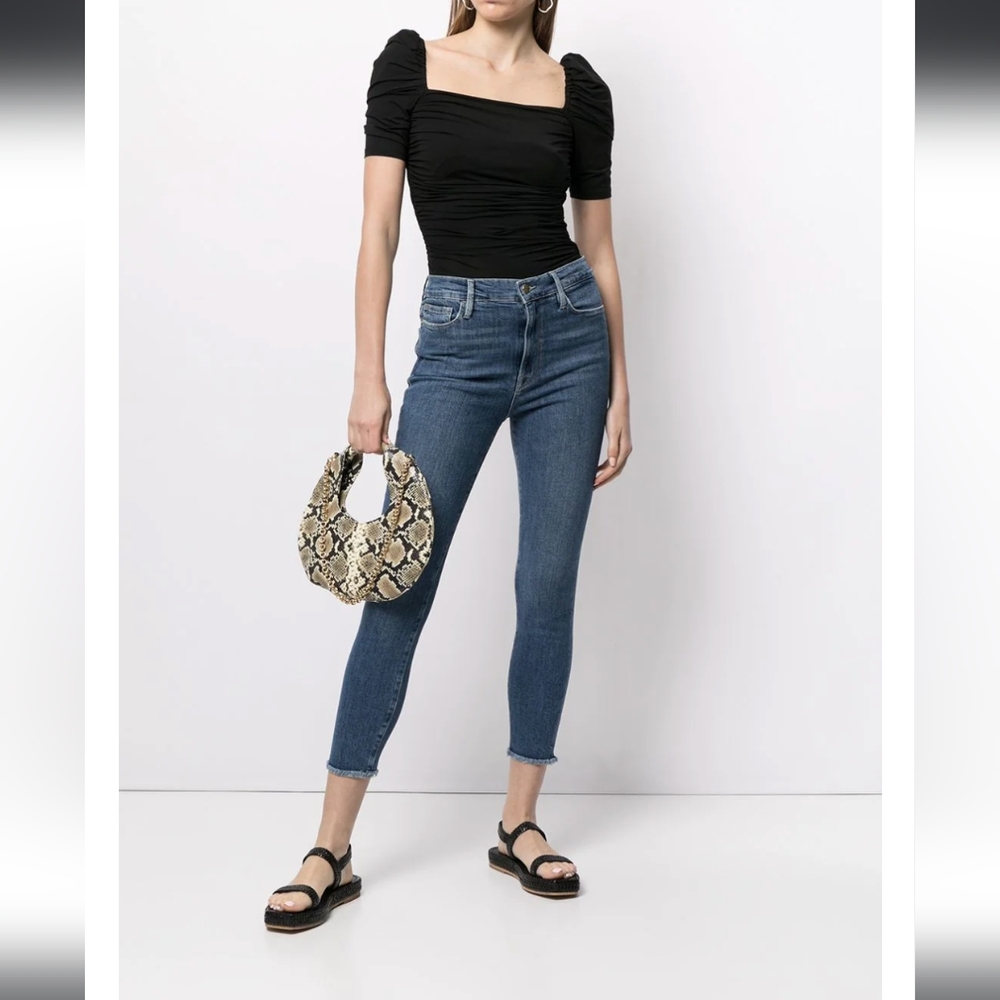 FRAME Betty Knitted Black Noir Square Neck Ruched Puff Sleeve Top Shirt - Picture 4 of 16